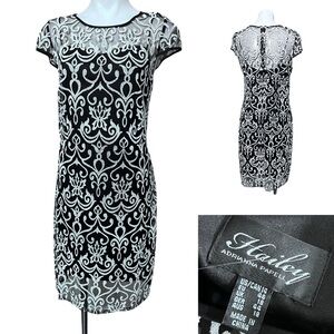 Adrianna Papell dress sz 14 Black/White mesh overlay cap sleeve knee length
